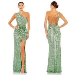 MAC DUGGAL Sequin Beaded Lace-Up Gown in Sage Size US 16